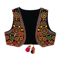 Black Kutchi jacket with colourful mirror and thread embroidery and pom-pom tassels